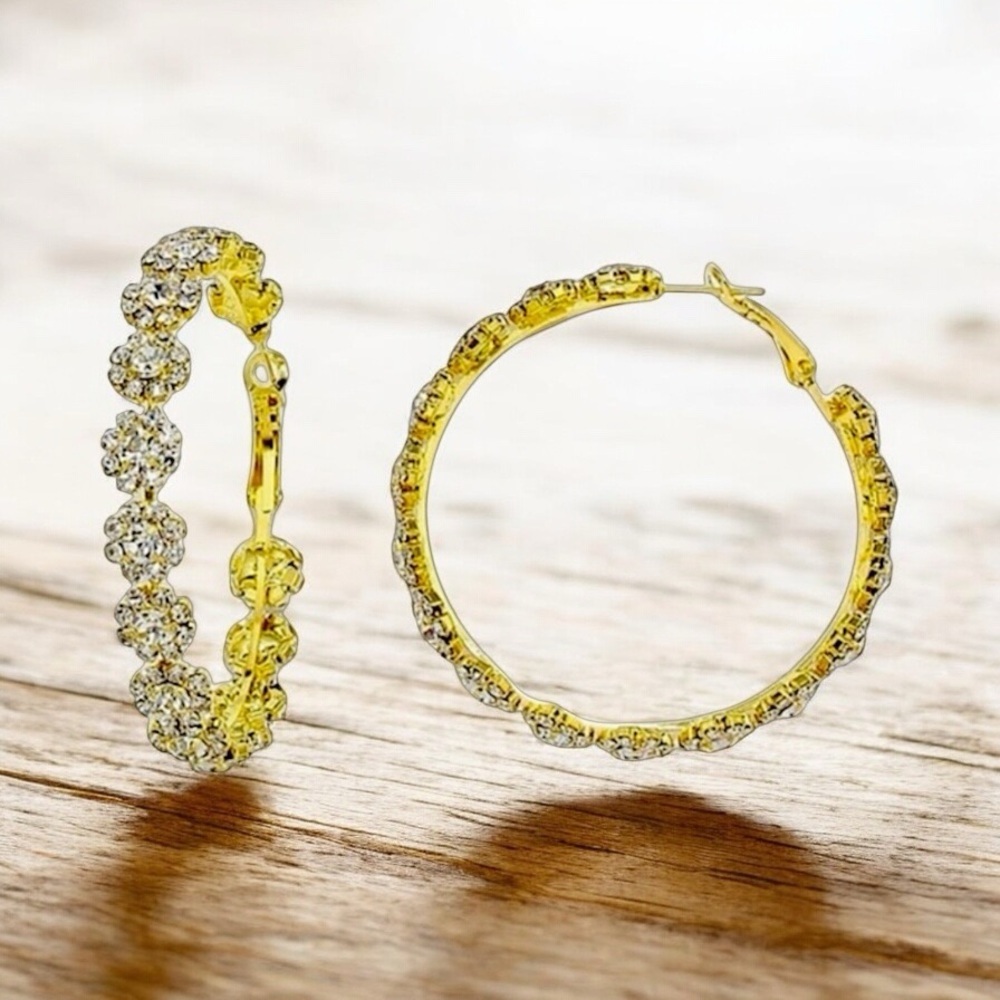 Gold Tone Crystal Hoop Earrings | Sparkly Rhinestone Statement Hoops